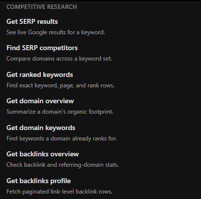 The SearchCrew competitive research tool group, listing Get SERP results, Find SERP competitors, Get ranked keywords, Get domain overview, Get domain keywords, Get backlinks overview, and Get backlinks profile